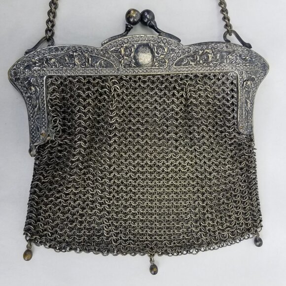 Unbranded Handbags - Victorian Purse GERMAN SILVER Mesh EVENING Bag Ornate Floral Frame Kiss Lock VTG